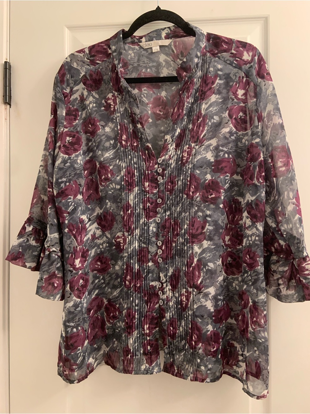 cleo Floral Pintuck Button-Down Blouse - Purple and Gray